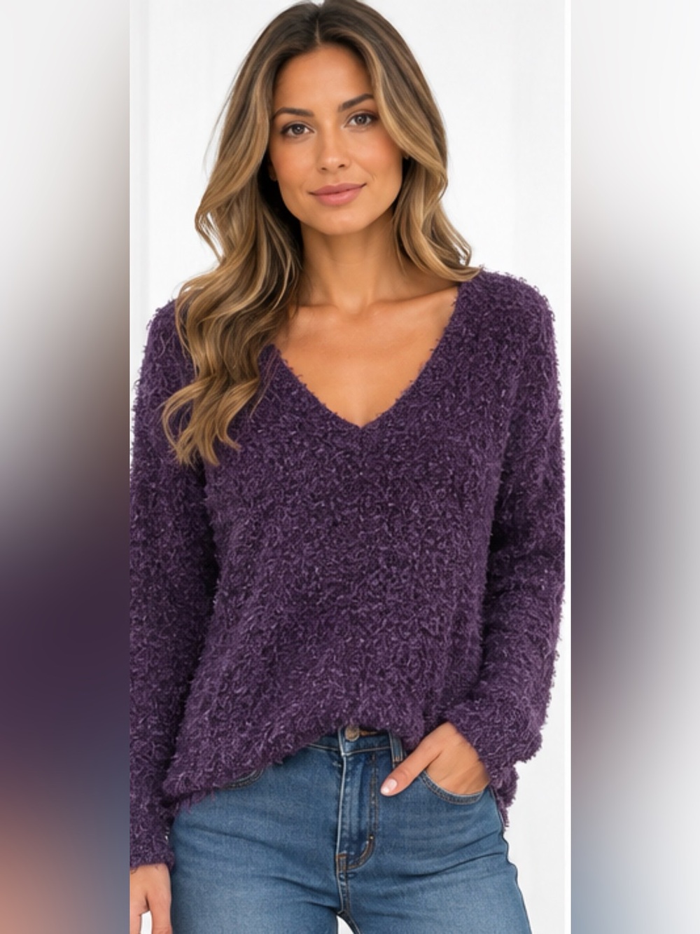 Kenneth Cole Plum Textured V-Neck Sweater